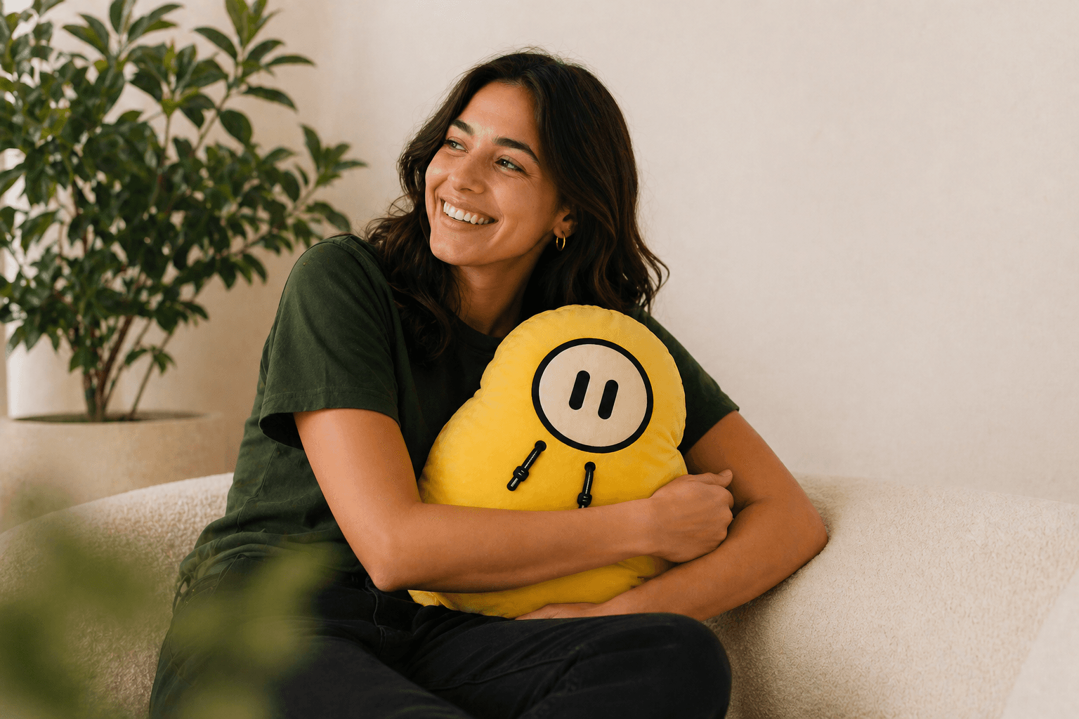 A founder on the sofa hugging the Zu plush