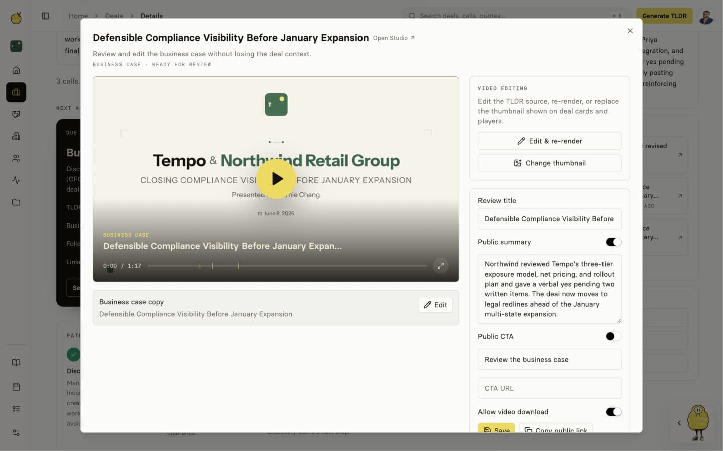 Editing a room in Yuzu: the TLDR video and business case for Tempo and Northwind Retail Group, with the public summary and CTA controls