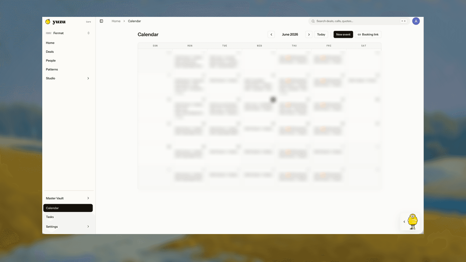 Yuzu Calendar month view with synced meetings and controls to create an event or open a booking link