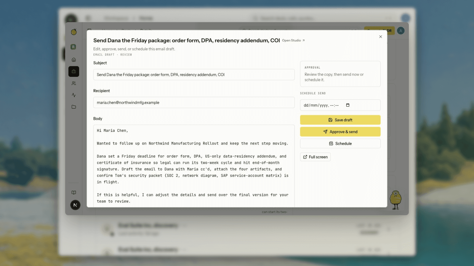 Deal email review modal with editable recipients, subject, body, and approve or schedule controls