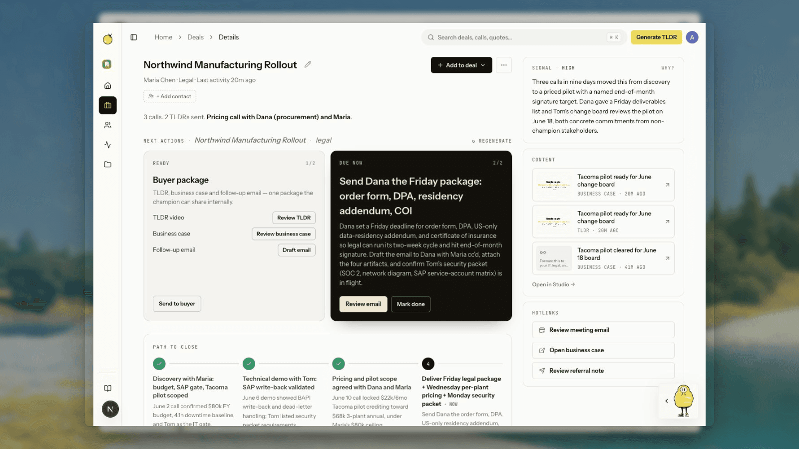 Deal page showing the grouped buyer package and a path-to-close timeline with completed and upcoming steps