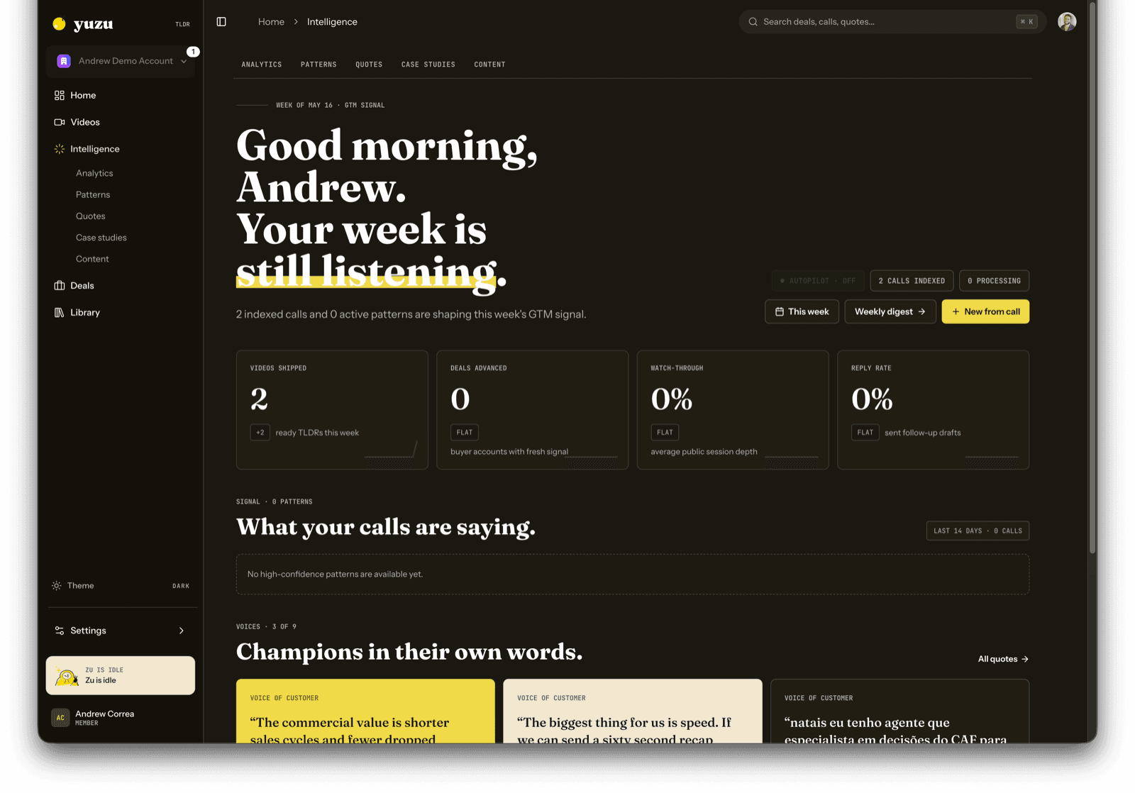 Yuzu Intelligence page showing KPIs, extracted patterns from calls, and champion quotes